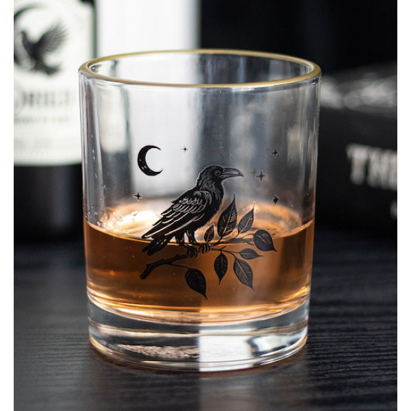 Glass Perched Raven Whiskey Tumbler
